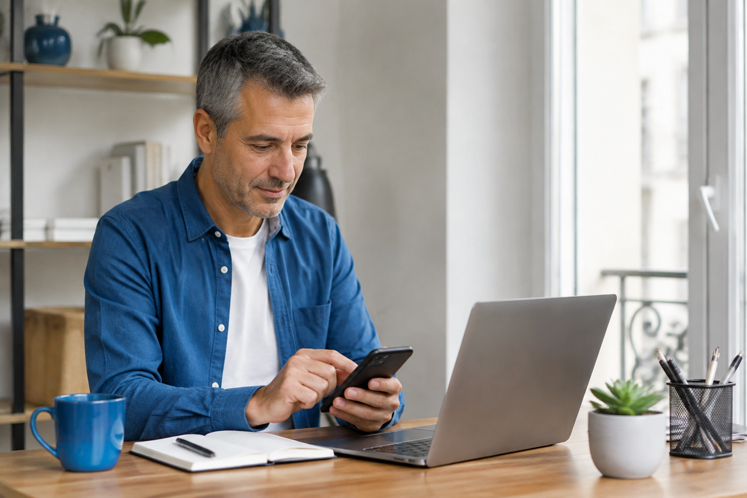 Un participant utilise son smartphone et son ordinateur en autonomie